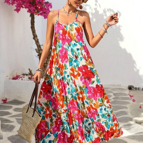 Multicolor Boho Women's Romantic Floral Print Long Dress - Picture 2 of 7